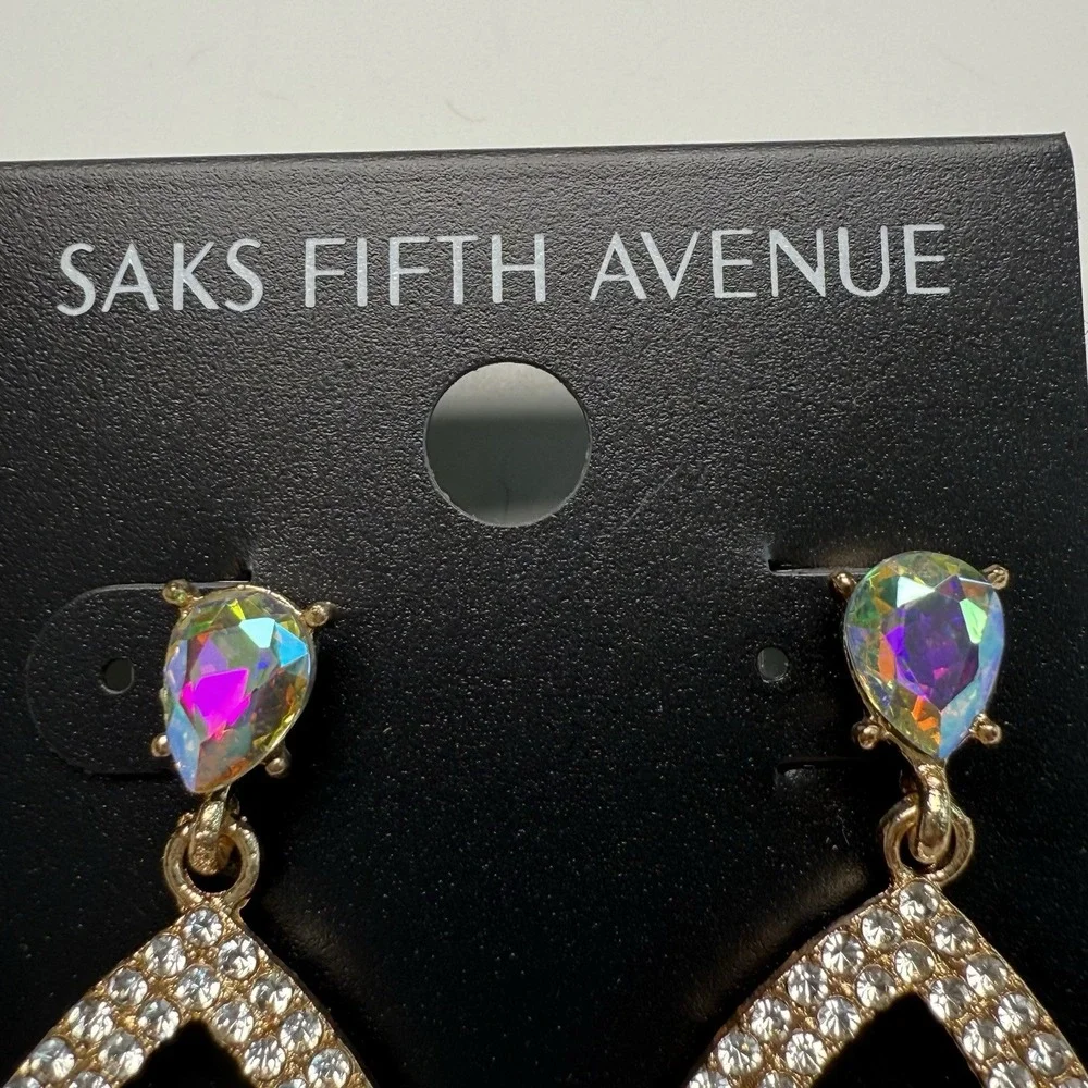 Saks Fifth Avenue Gold Tone AB Crystal Rhinestone Teardrop Dangle Earrings Glam